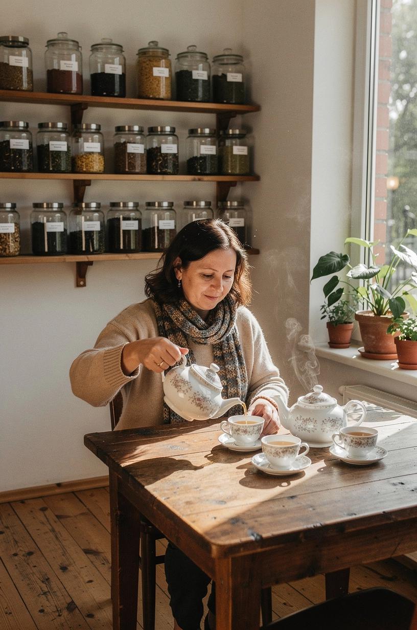 Raminantis vaizdas su žaliąja arbata ir natūraliais žolelių ingredientais ant medinio stalo, simbolizuojantis sąmoningas kasdienes pertraukas ir komforto paieškas.